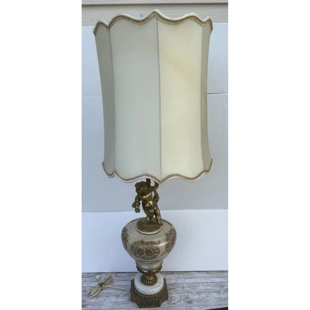 VTG MCM Hollywood Regency Brass Cherub Lamp Iridescent Glass Marble Base Tall